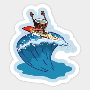 Cute coconut surfing in a giant wave Sticker